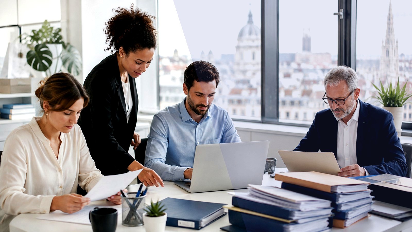 Professionnels analysant des documents dans un bureau